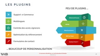 L E S P L U G I N S
Advanced Access
WPML
WooCommerce
SEO by Yoast
Contact Form 7
[
Ĥ
a
Support e-Commerce
MultilinguesĤ
Contrôle des accès vignerons[
Optimisation du référencement
Formulaires de contacta
PEU DE PLUGINS …
… BEAUCOUP DE PERSONNALISATION
2424
E-Commerce WordPress, un outil polyvalent & flexible
Etude de cas
 