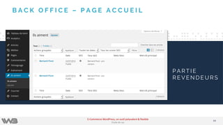 B A C K O F F I C E – P A G E A C C U E I L
P A R T I E
R E V E N D E U R S
4444
E-Commerce WordPress, un outil polyvalent & flexible
Etude de cas
 