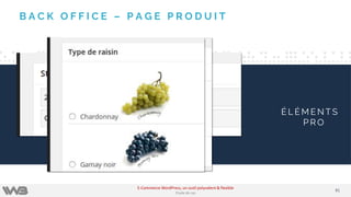 B A C K O F F I C E – P A G E P R O D U I T
É L É M E N T S
P R O
8181
E-Commerce WordPress, un outil polyvalent & flexible
Etude de cas
 