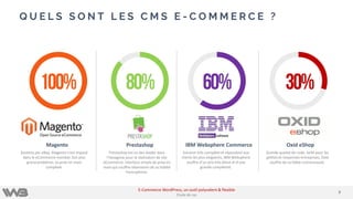 Q U E L S S O N T L E S C M S E - C O M M E R C E ?
Magento
Soutenu par eBay, Magento s’est imposé
dans le eCommerce mondial. Son plus
grand problème, sa prise en main
complexe.
Prestashop
Prestashop est un des leader dans
l’hexagone pour la réalisation de site
eCommerce. Interface simple de prise en
main qui souffre néanmoins de sa lisibité
francophone.
IBM Websphere Commerce
Solution très complète et répondant aux
clients les plus exigeants, IBM Websphere
souffre d’un prix très élevé et d’une
grande compléxité.
Oxid eShop
Grande qualité de code, taillé pour les
petites et moyennes entreprises, Oxid
souffre de sa faible communauté.
99
E-Commerce WordPress, un outil polyvalent & flexible
Etude de cas
 