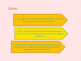 As a teenager, Adani moved to Mumbai in 1978 to work as a
diamond sorter for Mahendra Brothers.
In 1981, his elder brother Mahasukhbhai Adani bought a
plastics unit in Ahmedabad and invited him to manage the
operations.
n 1985, he started importing primary polymers for small-
scale industries. In 1988, Adani established Adani Exports,
now known as Adani Enterprises
Career
 