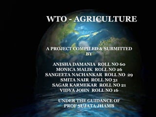 WTO – AGRICULTURE A PROJECT COMPILED & SUBMITTED BY ANISHA DAMANIA  ROLL NO 60 MONICA MALIK  ROLL NO 26 SANGEETA NACHANKAR  ROLL NO  29 SMITA NAIR  ROLL NO 31 SAGAR KARMEKAR  ROLL NO 21 VIDYA JOHN  ROLL NO 16 UNDER THE GUIDANCE OF PROF SUJATA JHAMB WTO - AGRICULTURE 