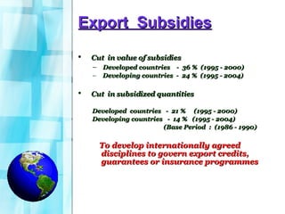 Export  Subsidies Cut  in value of subsidies Developed countries  -  36 %  (1995 - 2000) Developing countries  -  24 %  (1995 - 2004)  Cut  in subsidized quantities Developed  countries  -  21 %  (1995 - 2000)  Developing countries  -  14 %  (1995 - 2004) (Base Period  :  (1986 - 1990)  To develop internationally agreed disciplines to govern export credits, guarantees or insurance programmes 