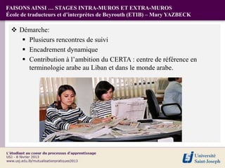 FAISONS AINSI … STAGES INTRA-MUROS ET EXTRA-MUROS
École de traducteurs et d’interprètes de Beyrouth (ETIB) – Mary YAZBECK

  Démarche:
     Plusieurs rencontres de suivi
     Encadrement dynamique
     Contribution à l’ambition du CERTA : centre de référence en
      terminologie arabe au Liban et dans le monde arabe.
 
