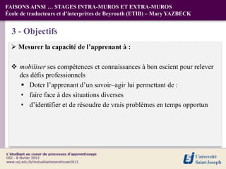 FAISONS AINSI … STAGES INTRA-MUROS ET EXTRA-MUROS
École de traducteurs et d’interprètes de Beyrouth (ETIB) – Mary YAZBECK


  3 - Objectifs
   Mesurer la capacité de l’apprenant à :

   mobiliser ses compétences et connaissances à bon escient pour relever
    des défis professionnels
     Doter l’apprenant d’un savoir–agir lui permettant de :
    • faire face à des situations diverses
    • d’identifier et de résoudre de vrais problèmes en temps opportun
 