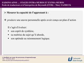 FAISONS AINSI … STAGES INTRA-MUROS ET EXTRA-MUROS
École de traducteurs et d’interprètes de Beyrouth (ETIB) – Mary YAZBECK


   Mesurer la capacité de l’apprenant à :

   produire une œuvre personnelle après avoir conçu un plan d’action

      Il s’agit d’évaluer:
       son esprit de synthèse,
       sa maîtrise du sujet qu’il aborde,
       son aptitude au raisonnement logique.
 