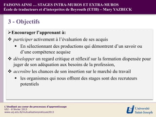 FAISONS AINSI … STAGES INTRA-MUROS ET EXTRA-MUROS
École de traducteurs et d’interprètes de Beyrouth (ETIB) – Mary YAZBECK


  3 - Objectifs
  Encourager l’apprenant à:
   participer activement à l’évaluation de ses acquis
      En sélectionnant des productions qui démontrent d’un savoir ou
       d’une compétence acquise
   développer un regard critique et réflexif sur la formation dispensée pour
    juger de son adéquation aux besoins de la profession,
   accroître les chances de son insertion sur le marché du travail
      les organismes qui nous offrent des stages sont des recruteurs
       potentiels
 