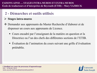 FAISONS AINSI … STAGES INTRA-MUROS ET EXTRA-MUROS
École de traducteurs et d’interprètes de Beyrouth (ETIB) – Mary YAZBECK


  2 - Démarches et outils utilisés
  Stages intra-muros
  Demander aux apprenants du Master Recherche d’élaborer et de
   dispenser un cours aux apprenants de Licence.
       Cours encadré par l’enseignant de la matière en question et la
        Directrice ou l’un des chefs des différentes sections de l’ETIB.
       Évaluation de l’animation du cours suivant une grille d’évaluation
        préétablie.
 