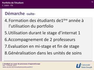 10
Portfolio de l’étudiant
C. Zablit - FSI



   Démarche -suite-
   4. Formation des étudiants de1ère année à
      l’utilisation du portfolio
   5.Utilisation durant le stage d’internat 1
   6.Accompagnement de 2 professeurs
   7.Evaluation en mi-stage et fin de stage
   8.Généralisation dans les unités de soins
 