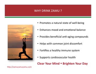 WHY DRINK ZAMU ? 
•   Promotes a natural state of well‐being 
•   Enhances mood and emoZonal balance 
•   Provides beneﬁcial anZ‐aging compounds 
•   Helps with common joint discomfort 
•   ForZﬁes a healthy immune system 
•   Supports cardiovascular health 
Clear Your Mind  Brighten Your Day 
hJp://zamucamucamu.com 
 