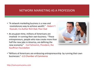 NETWORK MARKETING AS A PROFESSION 
•   “A network markeZng business is a new and  
     revoluZonary way to achieve wealth.” ‐ Robert T. 
     Kiyosaki, Co‐Author Rich Dad, Poor Dad 
•   At any given Zme, millions of Americans are 
    involved  in running their own business. “These 
    entrepreneurs, people who now create more than 
    half the new jobs in America, are deﬁning the    
    new economy.”  ‐ Carl Schramm, President, the 
    Kauﬀman FoundaZon 
•  “Millions of Americans are embracing entrepreneurship  by running their own  
    businesses.”‐ U.S Chamber of Commerce 
hJp://zamucamucamu.com 
 
