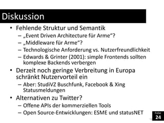 DiskussionFehlende Struktur und Semantik„Event DrivenArchitecture für Arme“?„Middleware für Arme“?Technologische Anforderung vs. NutzerfreundlichkeitEdwards & Grinter (2001): simple Frontends solltenkomplexeBackendsverbergenDerzeit noch geringe Verbreitung in Europa schränkt Nutzervorteil einAber: StudiVZ Buschfunk, Facebook & Xing StatusmeldungenAlternativen zu Twitter?Offene APIs der kommerziellen ToolsOpen Source-Entwicklungen: ESME und statusNET