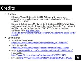 Morgen 16:00 Kooperationssyteme 3: Nils Jeners, Peter Mambrey: Zur Appropriation soziotechnischer Systeme am Beispiel des Microblogging Systems TwitterCreditsQuellenEdwards, W. and Grinter, R. (2001). At home with ubiquitous computing: Seven challenges. Lecture Notes In Computer Science, 2201/2001, 256–272. Barnes, S. J., Böhringer, M., Kurze, C., & Stietzel, J. (2010). Towards an understanding of social software: the case of Arinia. In Proceedings of HICSS-43, Kauai, HI, January 5-8, 2010. IEEE Computer Society. Retrieved from http://www.tu-chemnitz.de/wirtschaft/wi2/publications/understanding_social_software.pdf. BildmaterialTwitterSocial Network: http://www.flickr.com/photos/yankeeincanada/3658159896/Swiss ArmyKnife: http://www.flickr.com/photos/captainammonite/3316276641/Map: http://www.flickr.com/photos/johnandketurah/2093131011/Incompatiblehttp://www.flickr.com/photos/kaptainkobold/3203311346/Skylinie: http://www.flickr.com/photos/midweekpost/251527556/