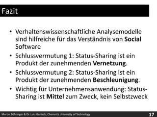 FazitVerhaltenswissenschaftliche Analysemodelle sind hilfreiche für das Verständnis von Social SoftwareSchlussvermutung 1: Status-Sharing ist ein Produkt der zunehmenden Vernetzung.Schlussvermutung 2: Status-Sharing ist ein Produkt der zunehmenden Beschleunigung.Wichtig für Unternehmensanwendung: Status-Sharing ist Mittel zum Zweck, kein Selbstzweck