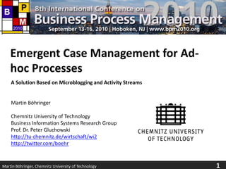 Emergent Case Management for Ad-hoc Processes A Solution Based on Microblogging and Activity Streams  Martin Böhringer Chemnitz University of Technology Business Information Systems Research Group Prof. Dr. Peter Gluchowski http://tu-chemnitz.de/wirtschaft/wi2 http://twitter.com/boehr 