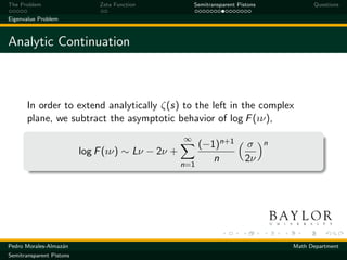 The Problem                   Zeta Function            Semitransparent Pistons             Questions

Eigenvalue Problem



Analytic Continuation



       In order to extend analytically ζ(s) to the left in the complex
       plane, we subtract the asymptotic behavior of log F (ıν),
                                                   ∞
                                                         (−1)n+1          σ      n
                          log F (ıν) ∼ Lν − 2ν +
                                                            n             2ν
                                                   n=1




Pedro Morales-Almaz´n
                   a                                                                 Math Department
Semitransparent Pistons
 