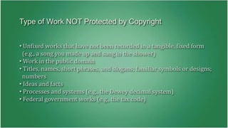 Type of Work NOT Protected by Copyright 
• Unfixed works that have not been recorded in a tangible, fixed form 
(e.g., a song you made up and sang in the shower) 
•Work in the public domain 
• Titles, names, short phrases, and slogans; familiar symbols or designs; 
numbers 
• Ideas and facts 
• Processes and systems (e.g., the Dewey decimal system) 
• Federal government works (e.g., the tax code) 
 