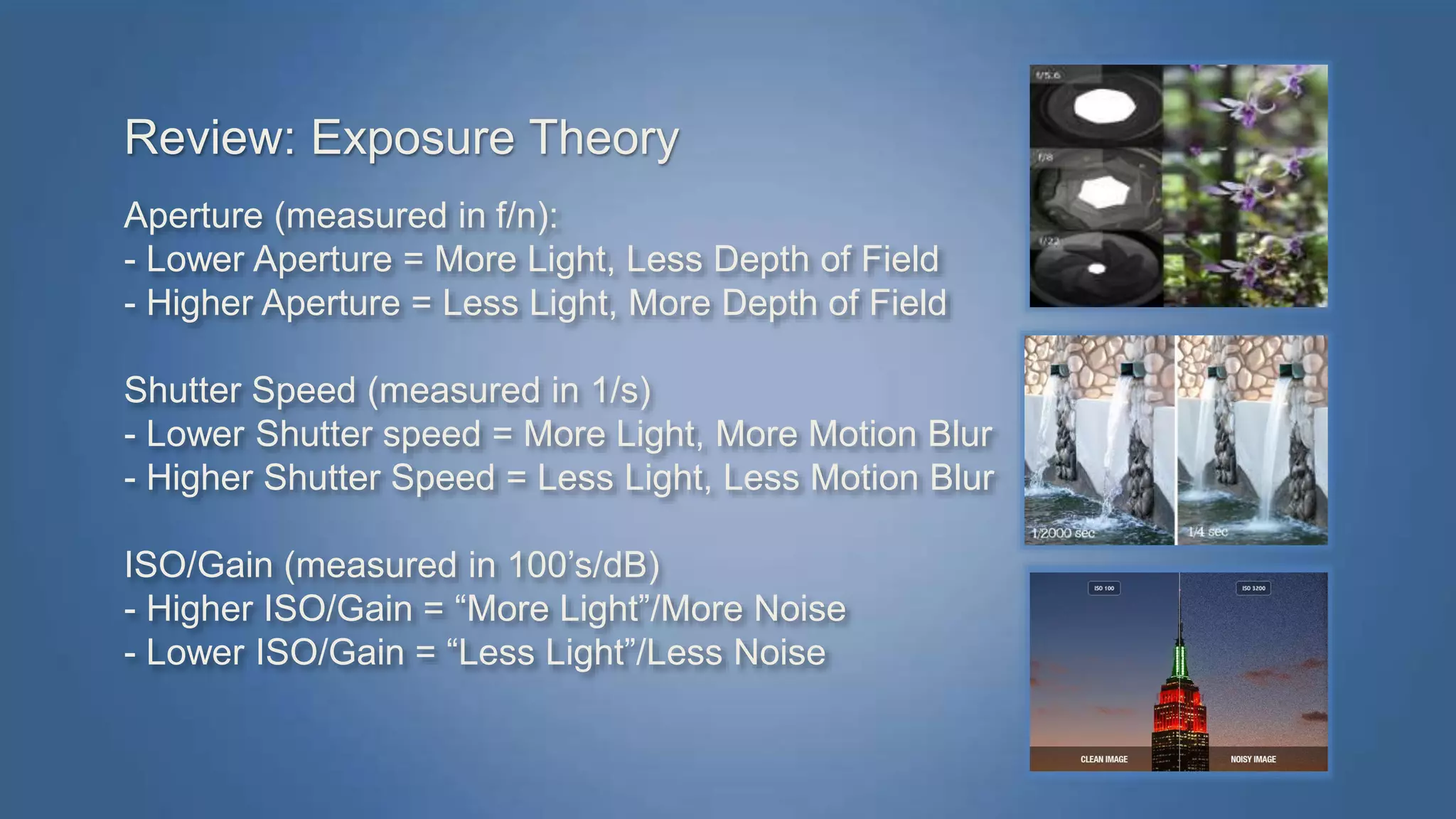 Review: Exposure Theory 
Aperture (measured in f/n): 
- Lower Aperture = More Light, Less Depth of Field 
- Higher Aperture = Less Light, More Depth of Field 
Shutter Speed (measured in 1/s) 
- Lower Shutter speed = More Light, More Motion Blur 
- Higher Shutter Speed = Less Light, Less Motion Blur 
ISO/Gain (measured in 100’s/dB) 
- Higher ISO/Gain = “More Light”/More Noise 
- Lower ISO/Gain = “Less Light”/Less Noise 
 