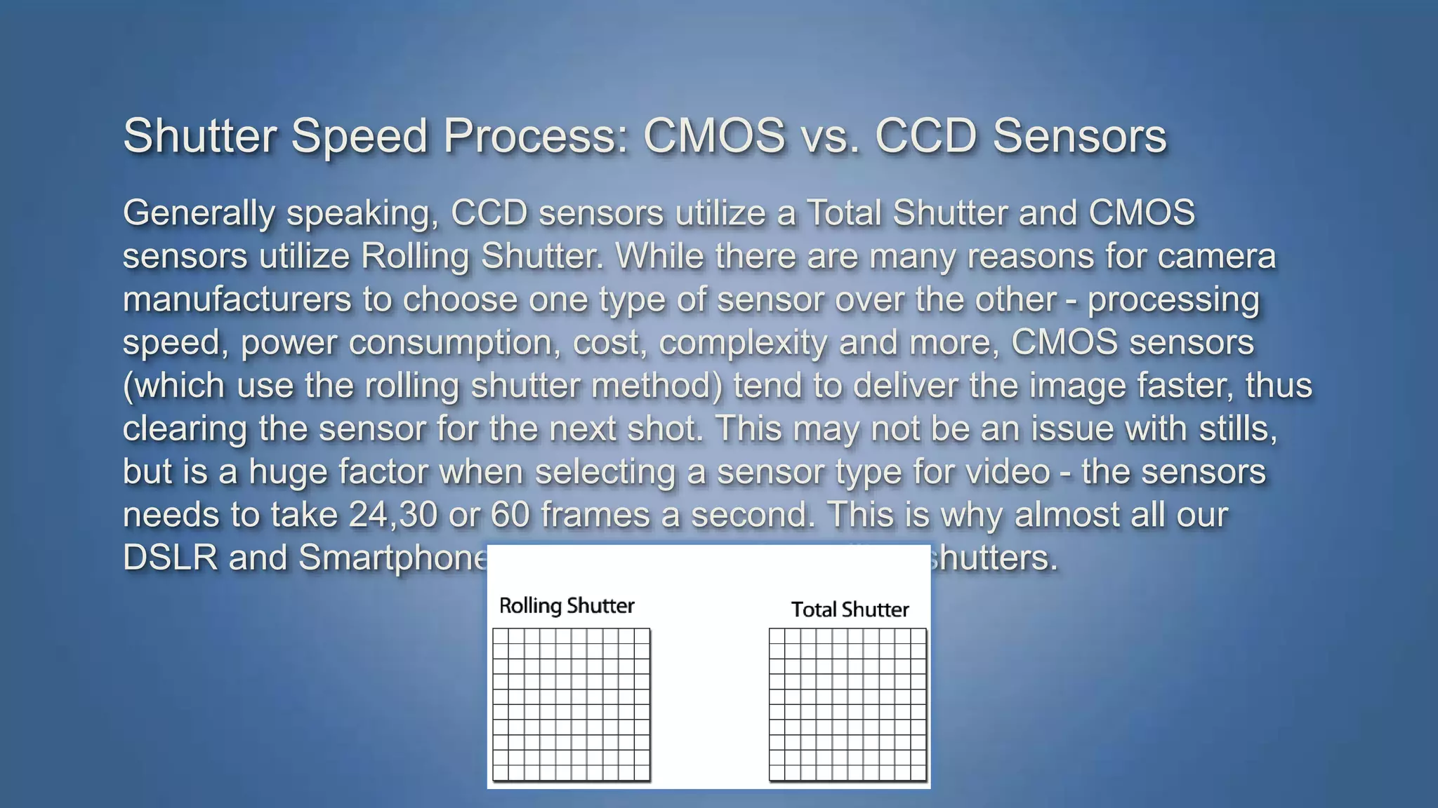 Shutter Speed Process: CMOS vs. CCD Sensors 
Generally speaking, CCD sensors utilize a Total Shutter and CMOS 
sensors utilize Rolling Shutter. While there are many reasons for camera 
manufacturers to choose one type of sensor over the other - processing 
speed, power consumption, cost, complexity and more, CMOS sensors 
(which use the rolling shutter method) tend to deliver the image faster, thus 
clearing the sensor for the next shot. This may not be an issue with stills, 
but is a huge factor when selecting a sensor type for video - the sensors 
needs to take 24,30 or 60 frames a second. This is why almost all our 
DSLR and Smartphones sensors are using rolling shutters. 
 