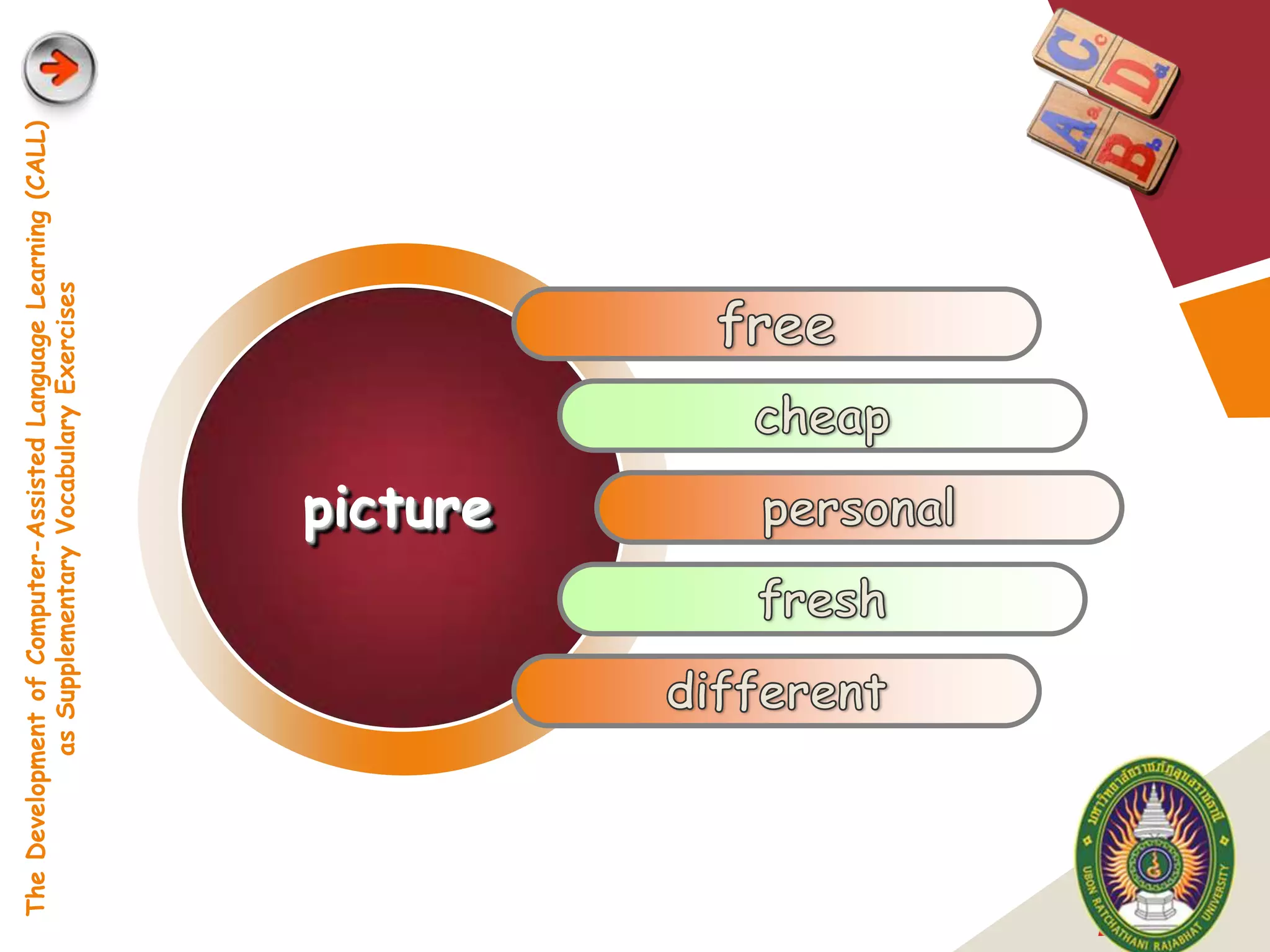 The Development of Computer-Assisted Language Learning (CALL)
               as Supplementary Vocabulary Exercises




                               picture




LOGO
 