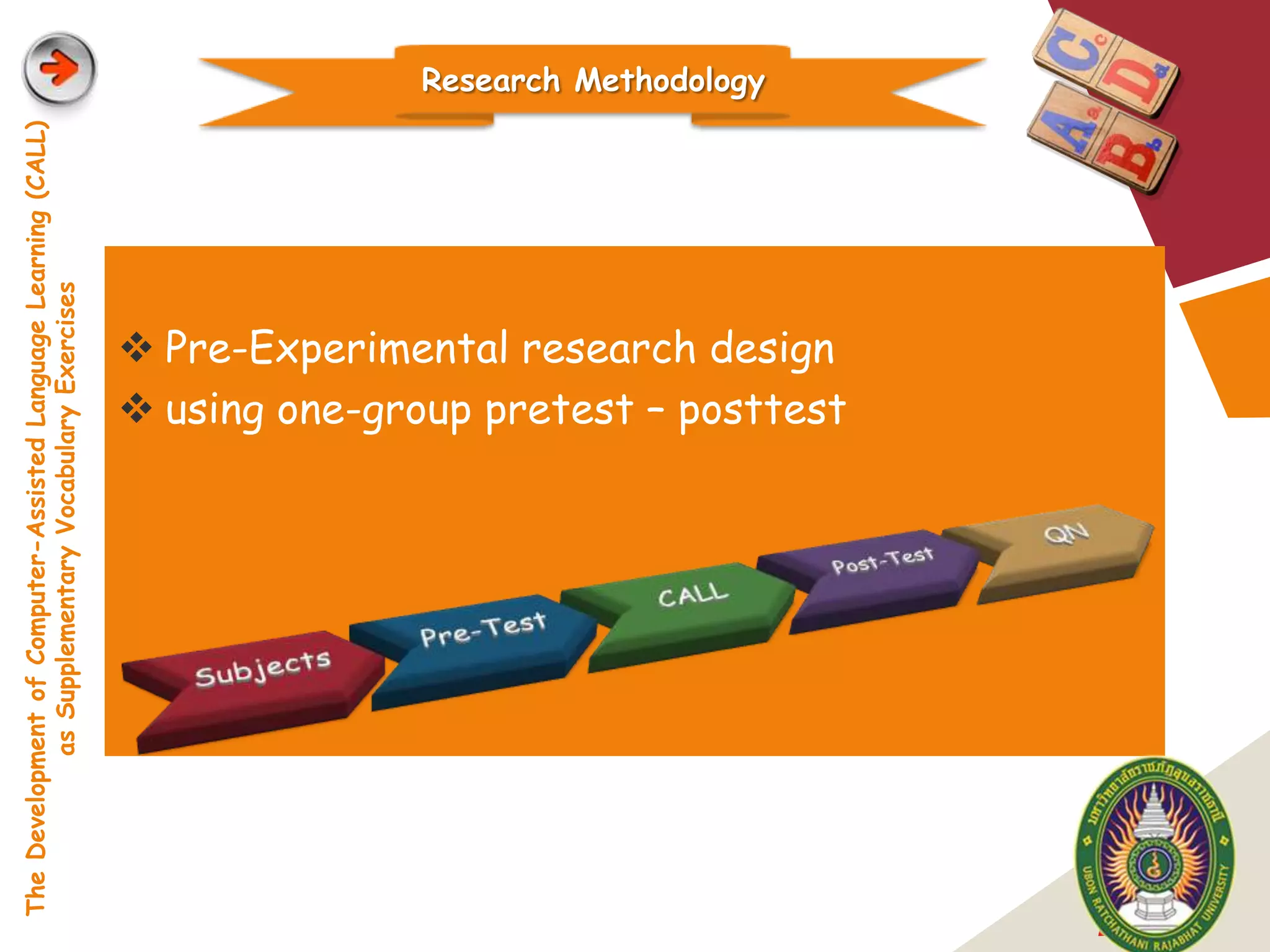 The Development of Computer-Assisted Language Learning (CALL)
               as Supplementary Vocabulary Exercises
                                                                              Research Methodology




                                        Pre-Experimental research design
                                        using one-group pretest – posttest




LOGO
 