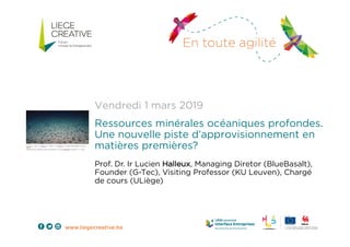 Prof. Dr. Ir Lucien Halleux, Managing Diretor (BlueBasalt),
Founder (G-Tec), Visiting Professor (KU Leuven), Chargé
de cours (ULiège)
Vendredi 1 mars 2019
Ressources minérales océaniques profondes.
Une nouvelle piste d’approvisionnement en
matières premières?
 