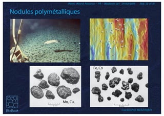 Marine Mineral Resources - FR - BlueBasalt sprl 01/03/2019 Slide 12 of 31
Nodules polymétalliques
Fe, Co
Mn, Cu,
Courtesy Prof. Michel Hoffert
 