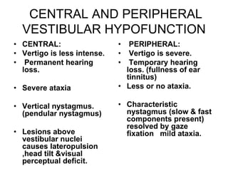 CENTRAL AND PERIPHERAL
VESTIBULAR HYPOFUNCTION
• CENTRAL:
• Vertigo is less intense.
• Permanent hearing
loss.
• Severe ataxia
• Vertical nystagmus.
(pendular nystagmus)
• Lesions above
vestibular nuclei
causes lateropulsion
,head tilt &visual
perceptual deficit.
• PERIPHERAL:
• Vertigo is severe.
• Temporary hearing
loss. (fullness of ear
tinnitus)
• Less or no ataxia.
• Characteristic
nystagmus (slow & fast
components present)
resolved by gaze
fixation mild ataxia.
 