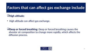 24
Factors that can affect gas exchange include
High altitude:
• High altitude can affect gas exchange.
Deep or forced breathing: Deep or forced breathing causes the
alveolar air composition to change more rapidly, which affects the
diffusion process.
 