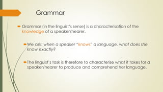 Grammar
 Grammar (in the linguist’s sense) is a characterisation of the
knowledge of a speaker/hearer.
We ask: when a speaker “knows” a language, what does she
know exactly?
The linguist’s task is therefore to characterise what it takes for a
speaker/hearer to produce and comprehend her language.
 