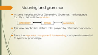 Meaning and grammar
 In some theories, such as Generative Grammar, the language
faculty is divided into modules:
 This view emphasises distinct roles played by different components.
 There is a separate component for meaning, completely unrelated
to syntax or phonology.
phonology syntax semantics
 