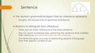 Sentence
 The abstract grammatical object that an utterance represents.
• Roughly, this focuses only on grammar and lexicon.
 Reasons to distinguish from utterance:
• There can be many utterances of the same sentence.
• We can quote somebody else, extracting the sentence that underlies
their utterance: She said that John ate the meat pie.
• The distinction gives us a way of abstracting aspects of language
from their specific context of use
 