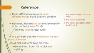 Reference
 These different expressions mean
different things, have different content.
 However, they all pick out the same entity
in this context (Jesus Christ).
• i.e. they refer to Jesus Christ
 In a different context, the man in the red
and blue dress
could pick out something different.
Sometimes, it can fail to pick out
anything.
1. the man in the red and blue
dress
2. the man in the middle
3. the person being talked to by
person no. 5
 