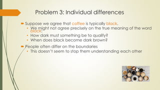 Problem 3: Individual differences
 Suppose we agree that coffee is typically black.
• We might not agree precisely on the true meaning of the word
black:
• How dark must something be to qualify?
• When does black become dark brown?
 People often differ on the boundaries
• This doesn’t seem to stop them understanding each other
 
