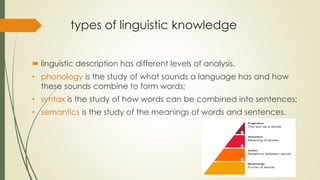 types of linguistic knowledge
 linguistic description has different levels of analysis.
• phonology is the study of what sounds a language has and how
these sounds combine to form words;
• syntax is the study of how words can be combined into sentences;
• semantics is the study of the meanings of words and sentences.
 