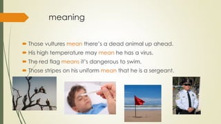 meaning
 Those vultures mean there’s a dead animal up ahead.
 His high temperature may mean he has a virus.
 The red flag means it’s dangerous to swim.
 Those stripes on his uniform mean that he is a sergeant.
 