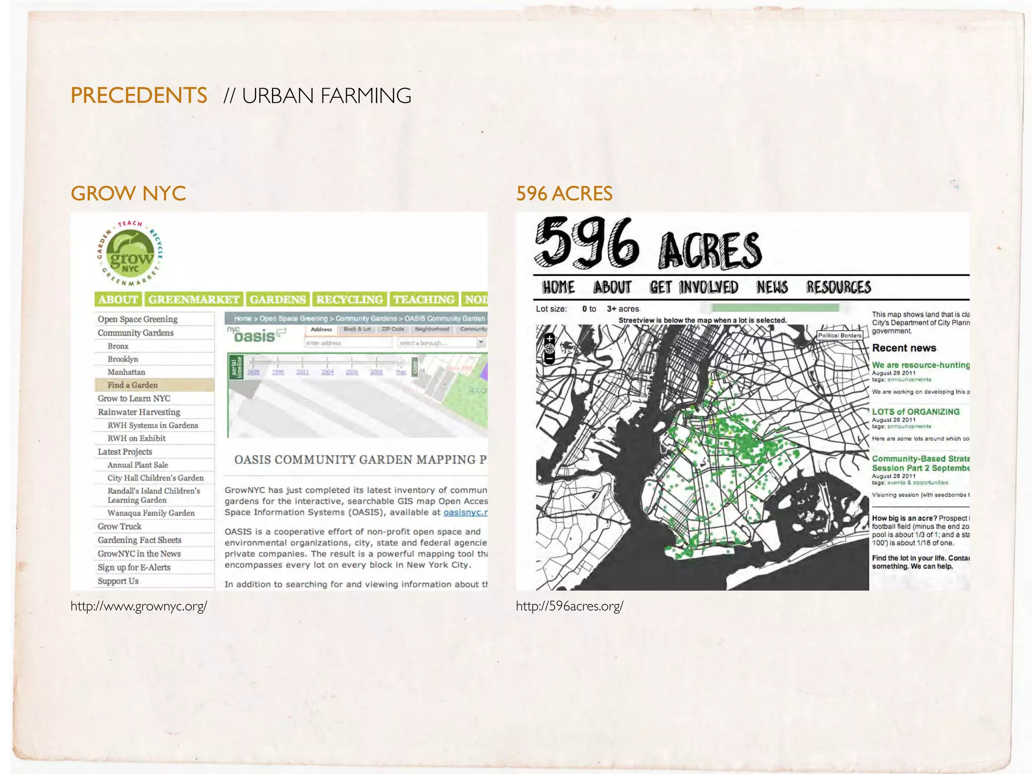 PreceDentS // URBAN FARMING



GROW NYC                      596 aCREs




http://www.grownyc.org/       http://596acres.org/
 