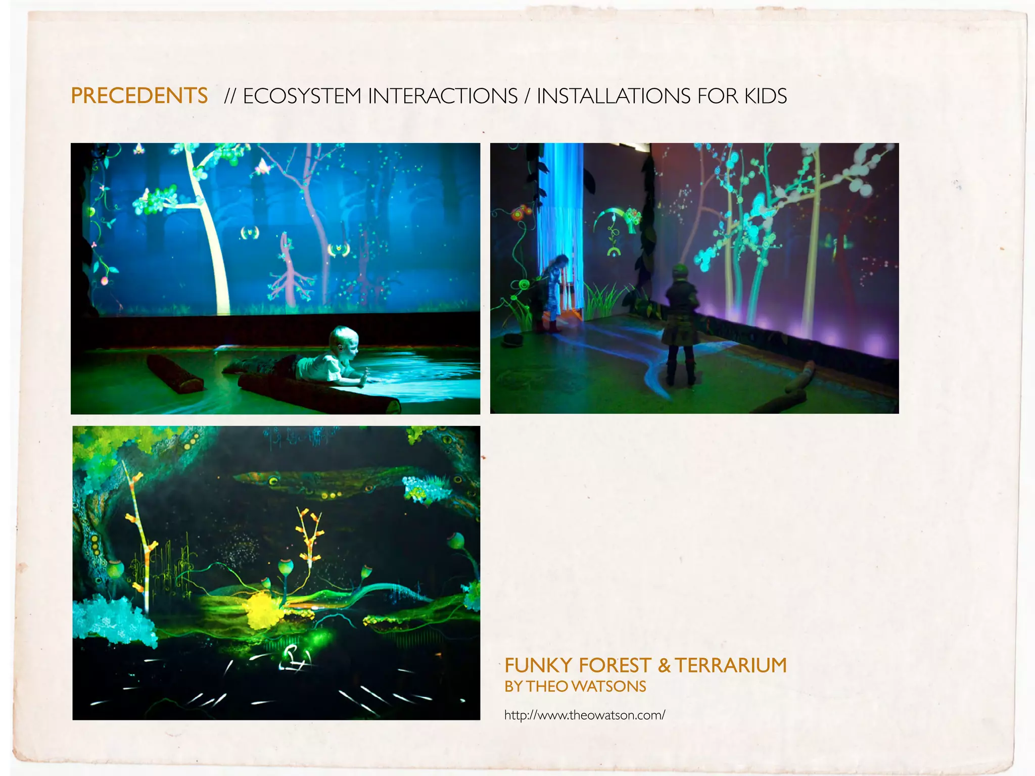 PreceDentS // ECOSYSTEM INTERACTIONS / INSTALLATIONS FOR KIDS




                                    FUNKY FOREsT & TERRaRIUM
                                    BY THEO WaTsONs
                                    http://www.theowatson.com/
 