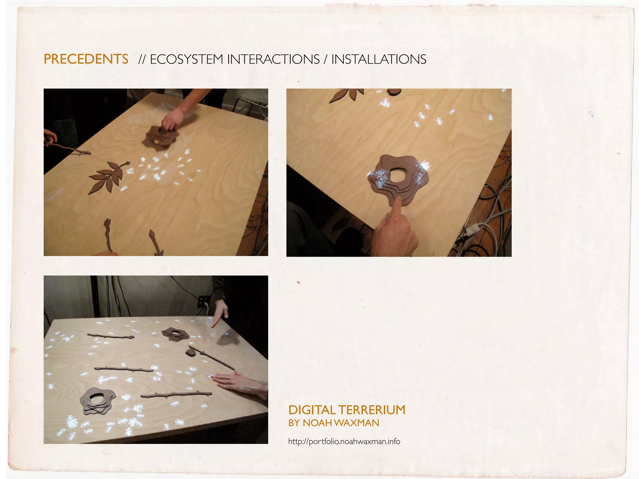 PreceDentS // ECOSYSTEM INTERACTIONS / INSTALLATIONS




                                 DIGITaL TERRERIUM
                                 BY NOaH WaXMaN
                                 http://portfolio.noahwaxman.info
 