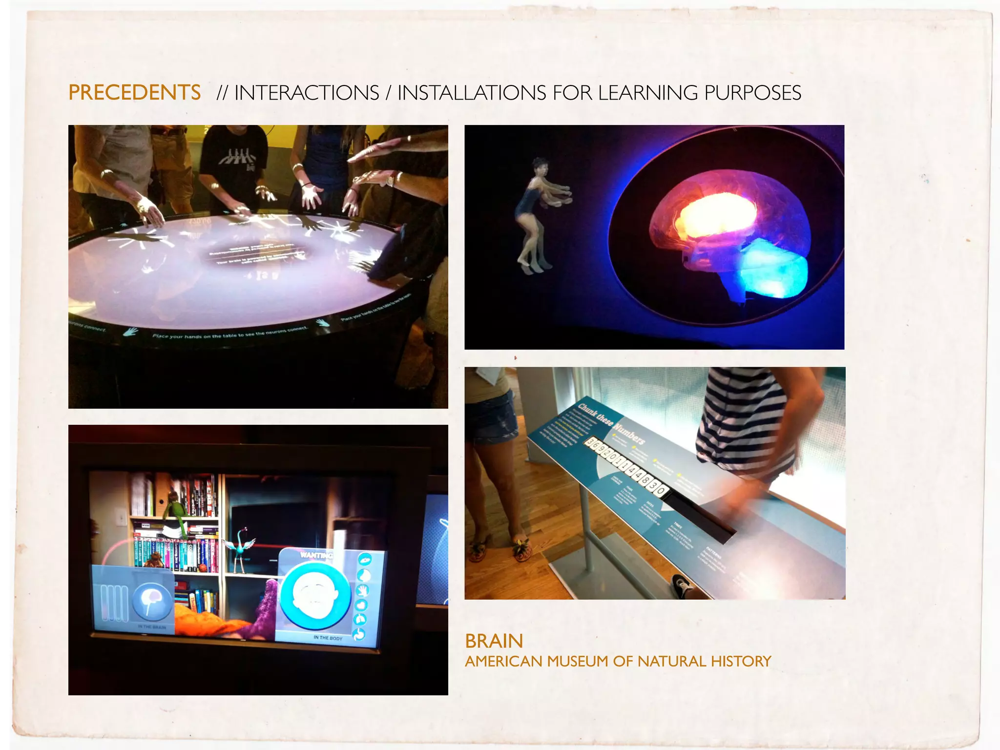 PreceDentS // INTERACTIONS / INSTALLATIONS FOR LEARNING PURPOSES




                                  BRaIN
                                  aMERICaN MUsEUM OF NaTURaL HIsTORY
                                  http://www.biopus.com.ar/biopus_eng/sensible/index.html#fotos
 