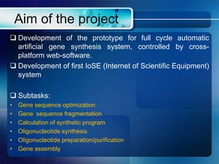 Aim of the project
 Development of the prototype for full cycle automatic
artificial gene synthesis system, controlled by cross-
platform web-software.
 Development of first IoSE (Internet of Scientific Equipment)
system
 Subtasks:
• Gene sequence optimization
• Gene sequence fragmentation
• Calculation of synthetic program
• Oligonucleotide synthesis
• Oligonucleotide preparation/purification
• Gene assembly
 