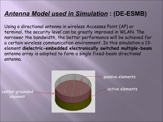Antenna Model used in Simulation   :   (DE-ESMB) Using a directional antenna in wireless Accesses Point (AP) or terminal, the security level can be greatly improved in WLAN. The narrower the bandwidth, the better performance will be achieved for a certain wireless communication environment. In this simulation a 13-element  dielectric-embedded electronically switched multiple-beam  antenna array is adopted to form a single fixed-beam directional antenna. center grounded element active elements passive elements 