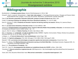 Journée de recherche 3 décembre 2010                                                                                15
                                              Enseignement extrême

          Bibliographie
Bronfenbrenner, U. Ecological systems theory. Annals of Child Development, 6, 187-24, 1989
Choquet C., Iksal S., Levene M., Schoonenboom J., “Users’ data: trails analysis” In: Technology-Enhanced Learning – Principles and Products. Edition:
         Nicolas Balacheff, Sten Ludvigsen, Ton de Jong, Ard Lazonder, Sally Barnes, Lydia Montandon, Springer Verlag 2008.
Class, B. De l’éducation présentielle à l’éducation distancielle: quelques concepts et études de cas. Mémo, 2001.
Crowell, S. A new way of thinking: the challenge of the future. Educational Leadership, 7(1), 144-147 (1989).
Davis, B., & Sumara, D. (2006). Complexity and education: Inquiries into learning, teaching, and research. Mahway, NJ: Lawrence Erlbaum
           Associates.
Morin, E. Les sept savoirs nécessaires à l'éducation du futur. Ed. Seuil UNESCO, 1999.
Johnson E.S. Ecological Systems and Complexity Theory: Toward an Alternative Model of Accountability in Education. An International Journal
of Complexity and Education Volume 5 (2008), Number 1, pp. 1- 10.
Joyce, B., Weil, M., Calhoun, E. Models of teaching. 6th edition, Allyn & Bacon, 2000.
Klein, A., Brackelaire, J-L. Le dispositif : une aide aux identités en crise. HERMES - Cognition, Communication, Politique. Directeur de la publication:
Dominique WOLTON. Vol. 25. Ed. CNRS - pg 67/82 - 1999.
Le Moigne, J.-L., A Teoria do Sistema Geral: Teoria da Modelização. Instituto Piaget, 1990.
Paquette, G. L'ingénierie pédagogique. PUQ, 2002, 490 pages, D1162, ISBN 2-7605-1162-6 page 74. 2002.
Rabardel P. 1995. Les hommes et les technologies une approche cognitive des instruments contemporains. Armand Colin, Paris.
Reeves, T.C.; Reeves, P.M. Effective Dimensions of Interactive Learning on the World Wide Web. in Web-Based Instruction, Englewood Cliffs . N.J.
          : Educational Technology Publications, 1998.
Simon, H. A. -The architecture of complexity, 1962.
Tarrit, C.R. ; Caron P-A. Accompagnement des étudiants sur la plateforme Eureka de la PUCPR. Le Mans – EIAH, 2009.
Tchounikine, P. Précis de recherche en ingénierie des eiah. 2009 Disponível em : http://membresliglab.imag.fr/tchounikine/Precis.html Acessado em:
          Jul. 2009.
Yacine, Sam; Omar, Boucelma; Mohand-Saïd, Hacid. Web services customization: a composition-based approach. 2009.
 