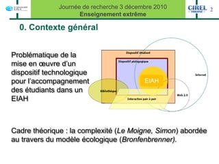 Journée de recherche 3 décembre 2010           2
                     Enseignement extrême

  0. Contexte général


Problématique de la
mise en œuvre d’un
dispositif technologique
pour l’accompagnement                     EIAH
des étudiants dans un
EIAH



Cadre théorique : la complexité (Le Moigne, Simon) abordée
au travers du modèle écologique (Bronfenbrenner).
 