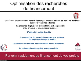 Confidentiel
Optimisation des recherches
de financement
Parvenir rapidement au financement de vos projets
● L'obtention rapide de prêts
● La connexion du nouveau club entrant aux prêteurs
et emprunteurs déjà existants
● L'extension des sources de financement de vos adhérents
● La présentation des projets aux autres clubs
● La présence de plusieurs clubs et l'interaction possible
entre prêteurs et emprunteurs favorise  :
● Collaborer avec nous vous permet d'échanger avec les acteurs
dont vous êtes proches
 