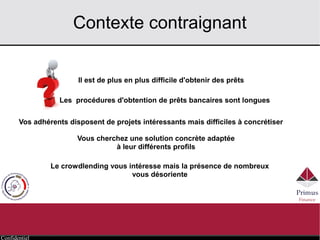Confidentiel
Un contexte contraignant
Il est de plus en plus difficile d'obtenir des prêts
Vous cherchez une solution concrète adaptée
à leur différents profils
Vos adhérents disposent de projets intéressants mais difficiles à concrétiser
Les procédures d'obtention de prêts bancaires sont longues
Le crowdlending vous intéresse mais la présence de nombreux
acteurs vous désoriente
 