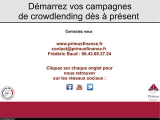 Confidentiel
Démarrez vos campagnes
de crowdlending dès à présent
www.primusfinance.fr
contact@primusfinance.fr
Frédéric Baud : 06.43.69.37.24
Cliquez sur chaque onglet pour
nous retrouver
sur les réseaux sociaux :
Contactez nous
 