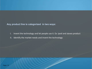 Any product line is categorized in two ways:

I. Invent the technology and let people use it. Ex: ipod and steves product
II. Identify the market needs and invent the technology

Page  16

 