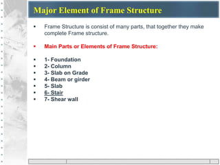 Major Element of Frame Structure
 Frame Structure is consist of many parts, that together they make
complete Frame structure.
 Main Parts or Elements of Frame Structure:
 1- Foundation
 2- Column
 3- Slab on Grade
 4- Beam or girder
 5- Slab
 6- Stair
 7- Shear wall
 