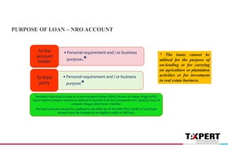 •Personal requirement and / or business
purpose.*
To the
account
holder
•Personal requirement and / or business
purpose*
To third
party
Resident individual to lend to a Non-resident Indian (NRI)/ Person of Indian Origin (PIO)
close relative [means relative as defined in Section 6 of the Companies Act, 1956] by way of
crossed cheque /electronic transfer.
The loan amount should be credited to the NRO a/c of the NRI /PIO. Credit of such loan
amount may be treated as an eligible credit to NRO a/c;
PURPOSE OF LOAN – NRO ACCOUNT
* The loans cannot be
utilised for the purpose of
on-lending or for carrying
on agriculture or plantation
activities or for investment
in real estate business.
 
